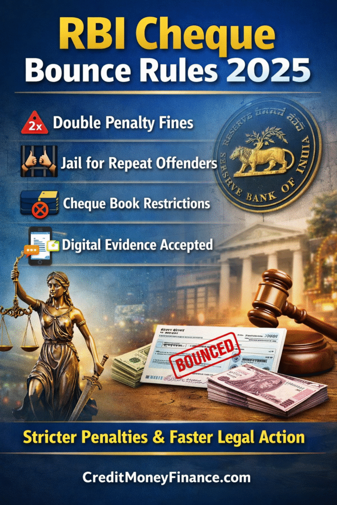 RBI Cheque Bounce Rules 2025: New Penalties, Jail Provisions & Faster Legal Process Explained.