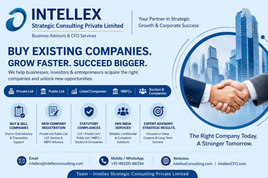 Buy or Sell Companies in India with Confidence – End-to-End Advisory for Pvt Ltd, Public, Listed, NBFC & Section 8 Companies.