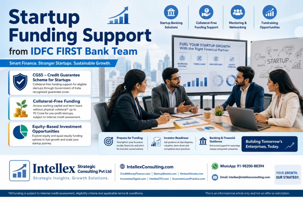 IDFC FIRST Bank Startup Funding Support: CGSS, Collateral-Free Loans, Working Capital, Equity Funding & Investor Support for Startups